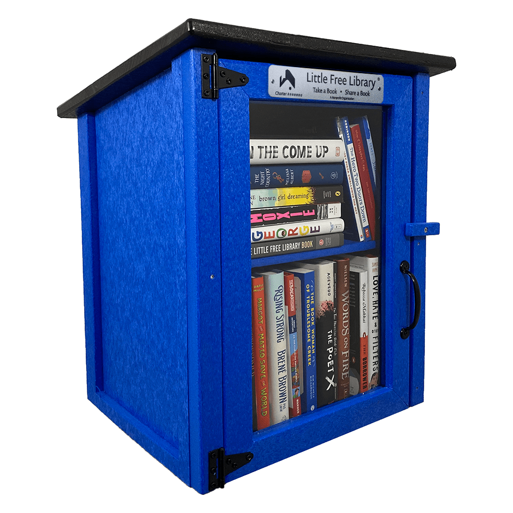 Assembled Composite Two Story Blue Kit Little Free Library with Books and Shelf