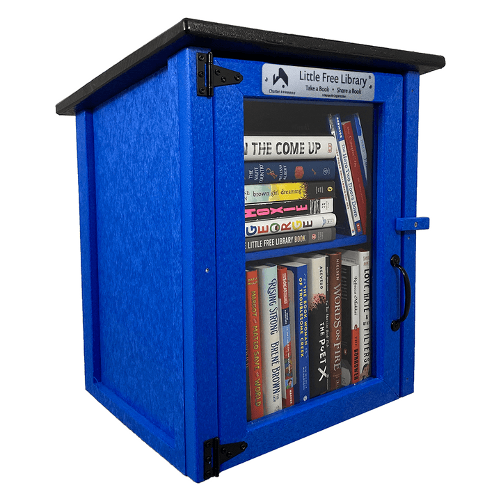 Assembled Composite Two Story Blue Kit Little Free Library with Books and Shelf