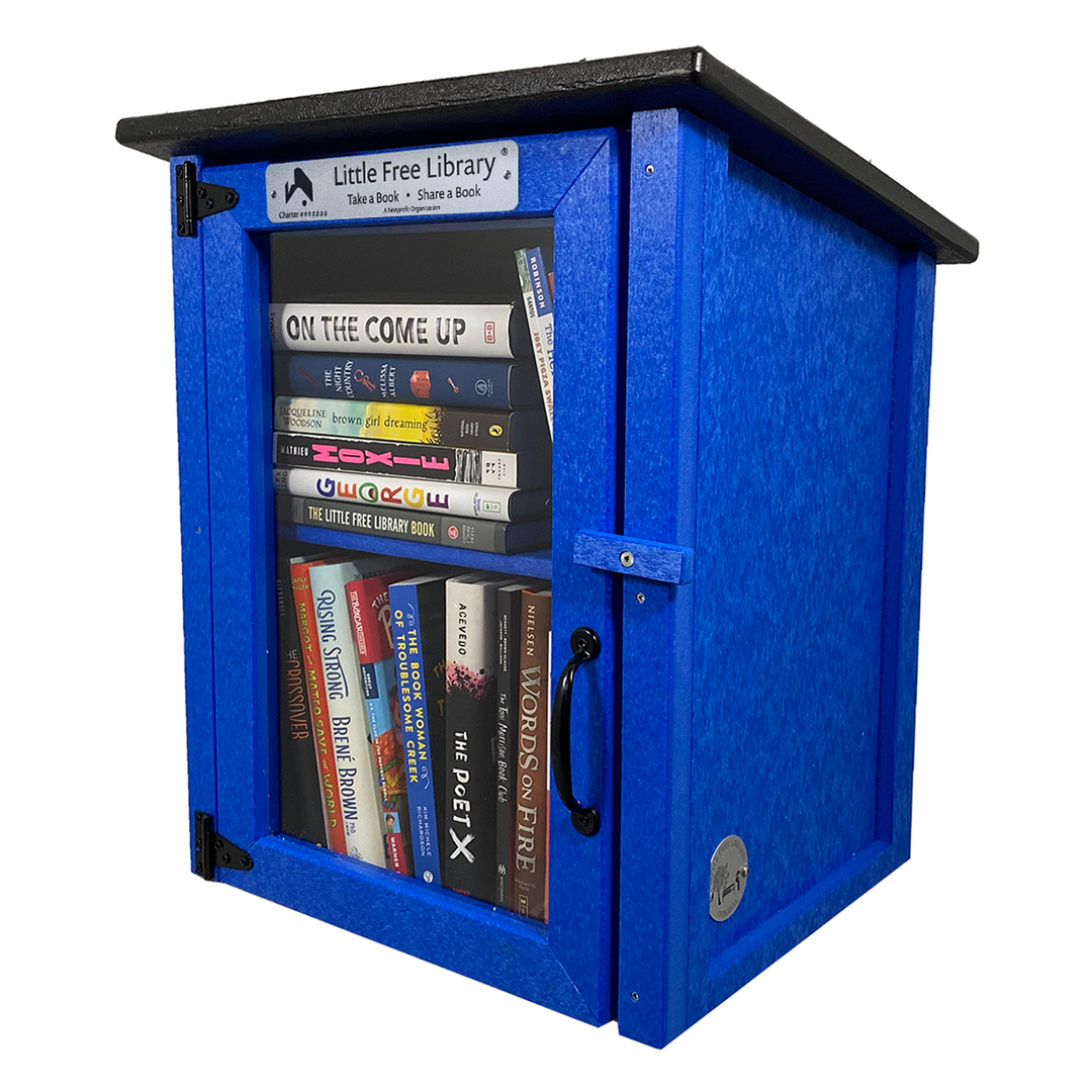 Books in a Blue Composite Little Free Library with Shelf