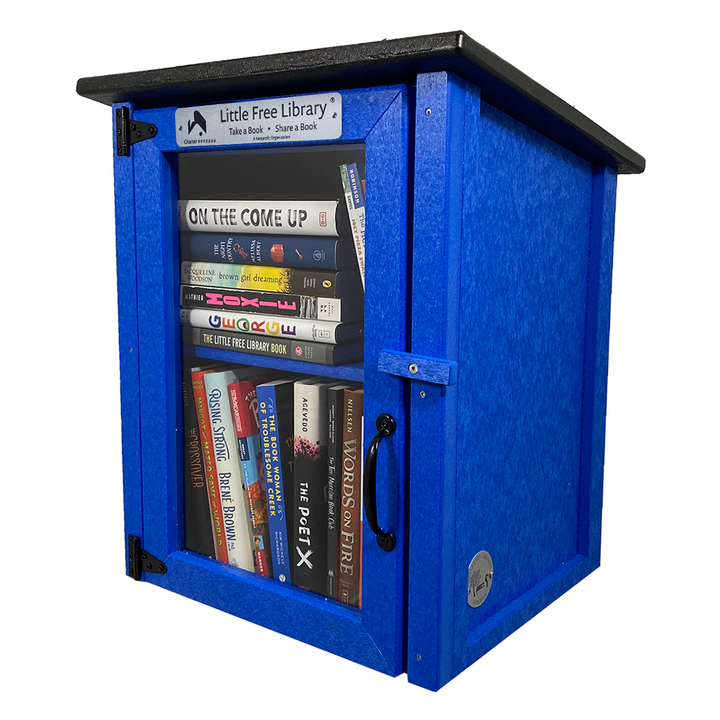Books in a Blue Composite Little Free Library with Shelf