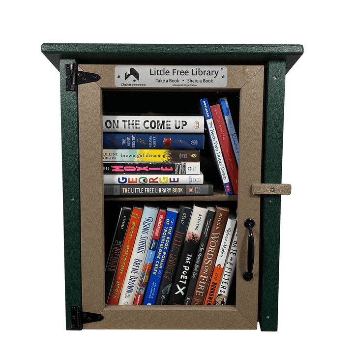 Facade View of a Composite Two Story Forest Little Free Library with Books
