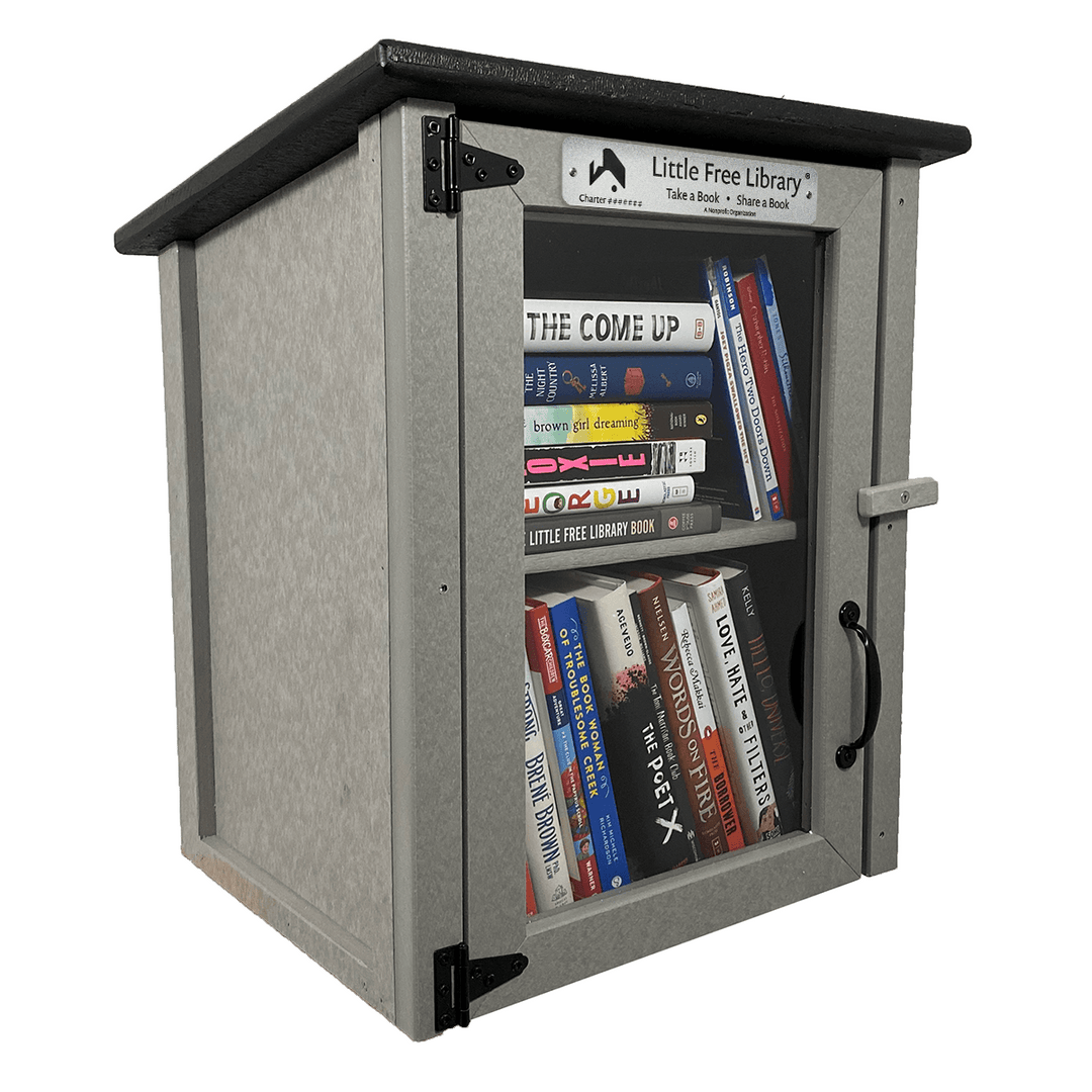 Finished Composite Two Story Gray Kit Little Free Library with Books and Shelf