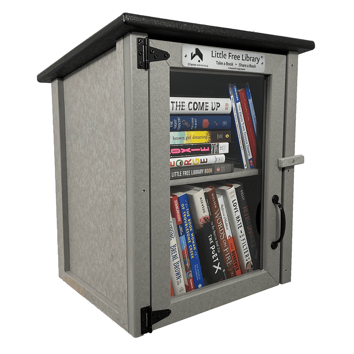 Finished Composite Two Story Gray Kit Little Free Library with Books and Shelf