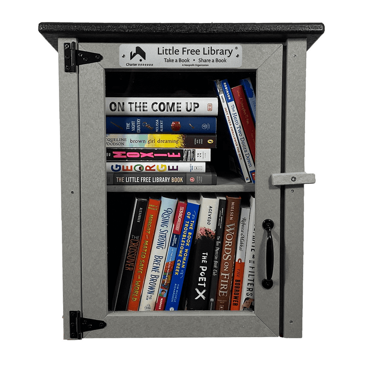 Books in a Composite Two Story Gray Kit Little Free Library with Shelf
