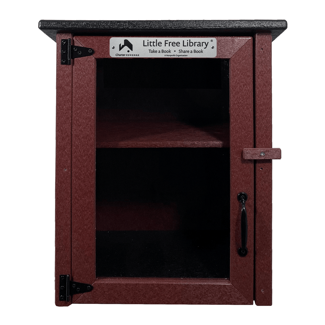 Empty Composite Two Story Maroon Little Free Library with Shelf Installed