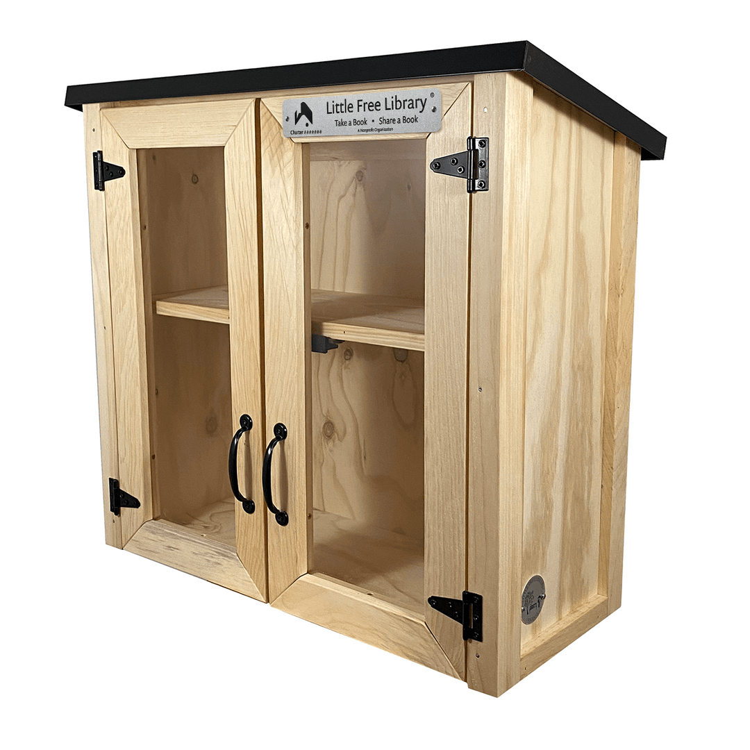 Double Door Shed Unfinished Little Free Library, Shelf Added