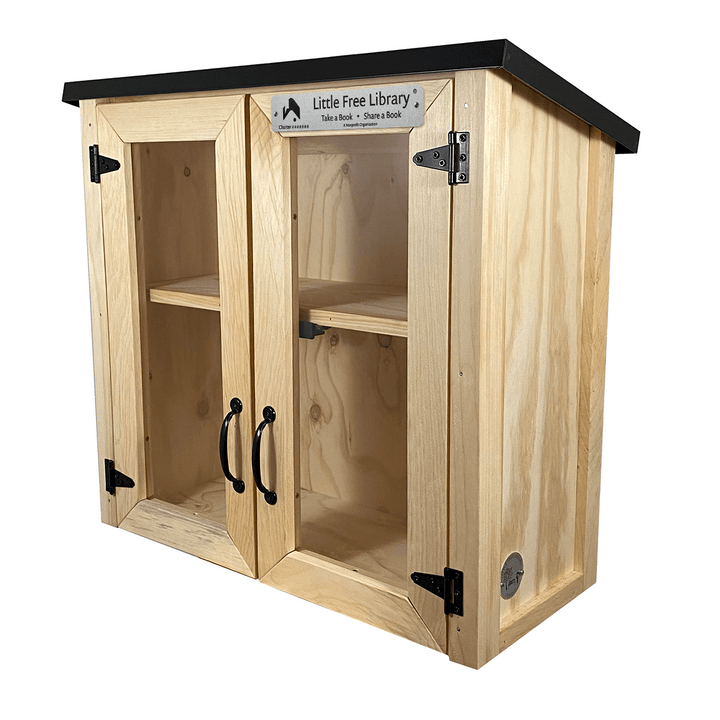 Double Door Shed Unfinished Little Free Library, Shelf Added
