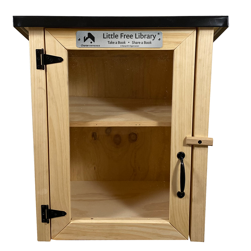 Two Story Shed Unfinished Kit Little Free Library with shelf installed, empty